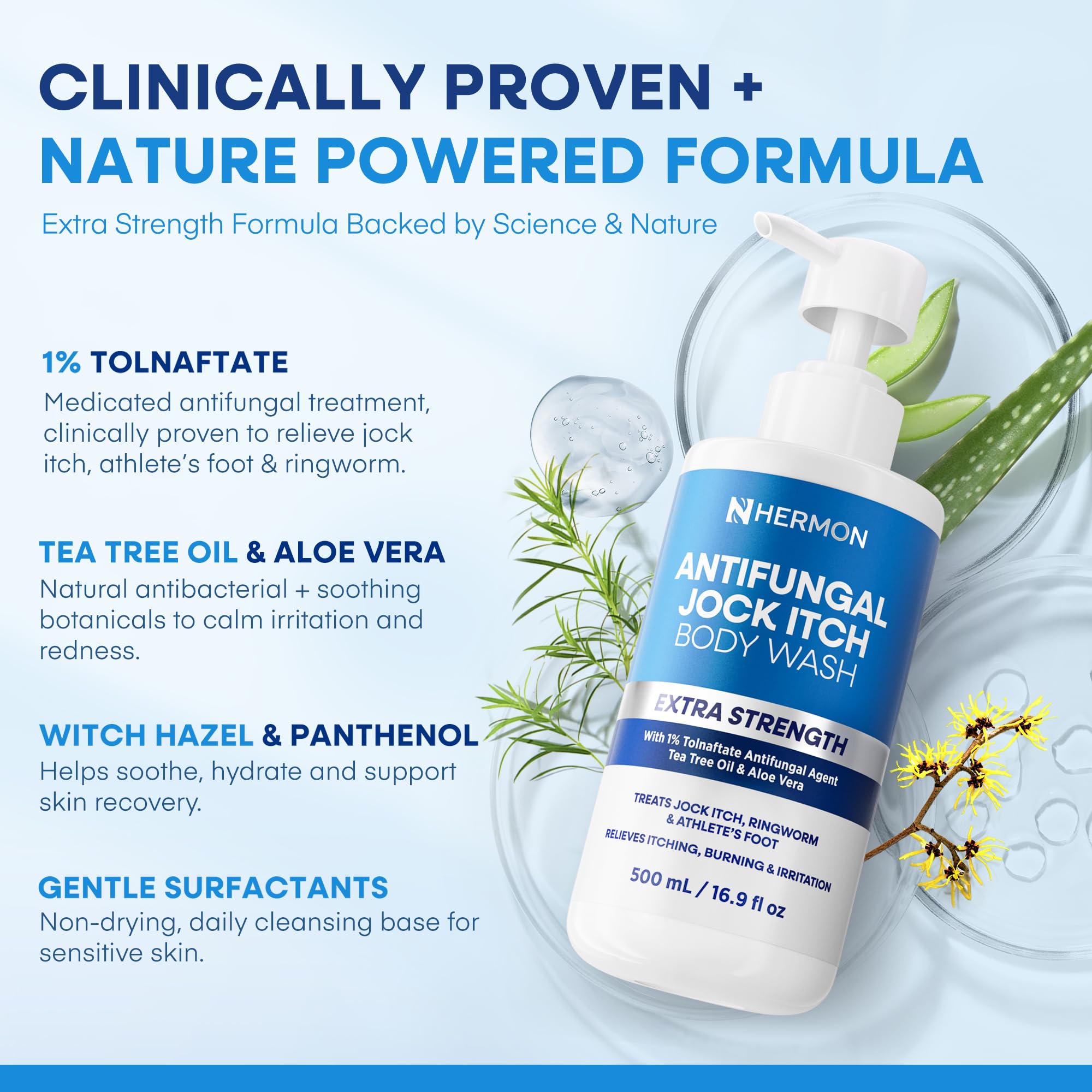 Hermon Antifungal Body Wash applied to back to target fungal-prone areas.