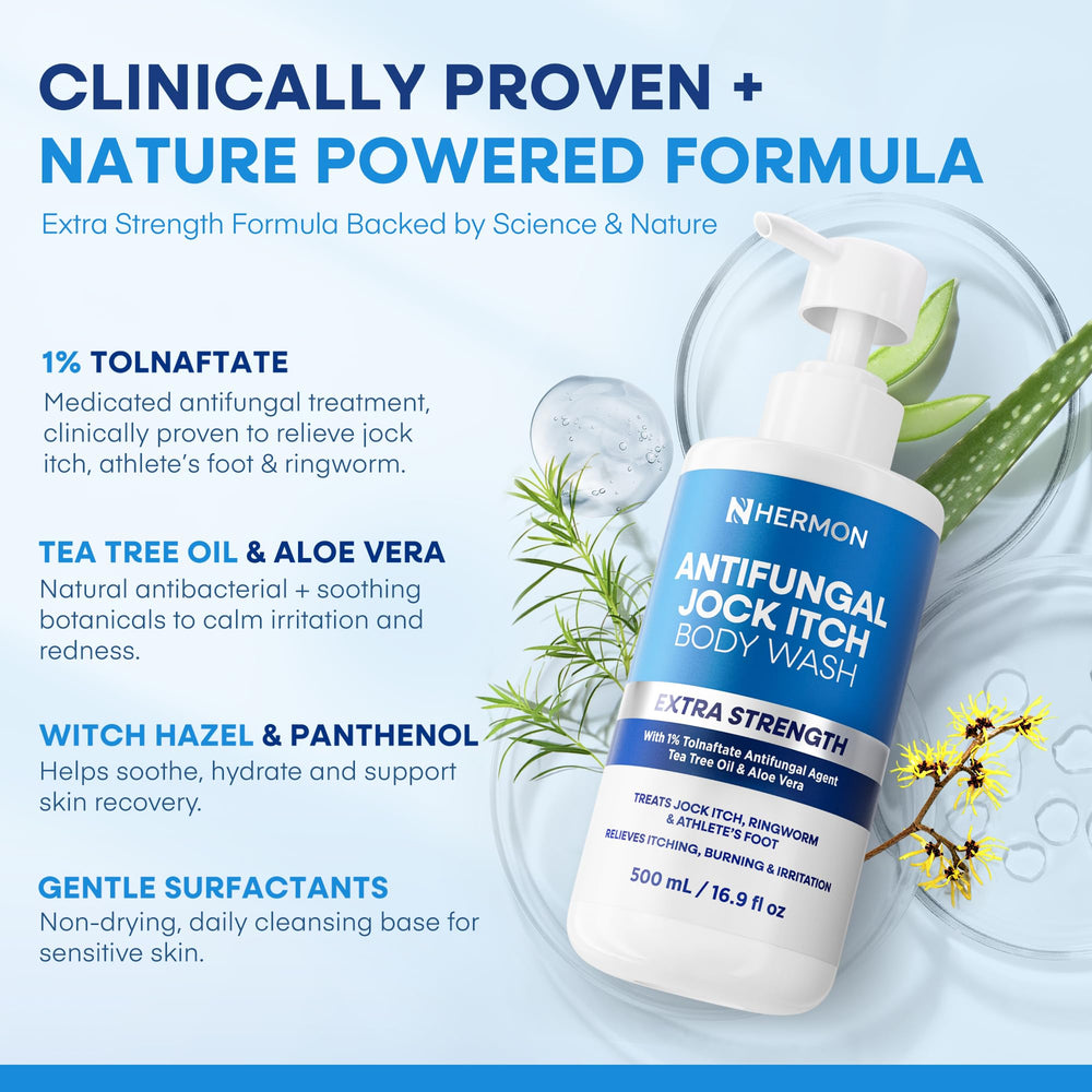 Hermon Antifungal Body Wash applied to back to target fungal-prone areas.