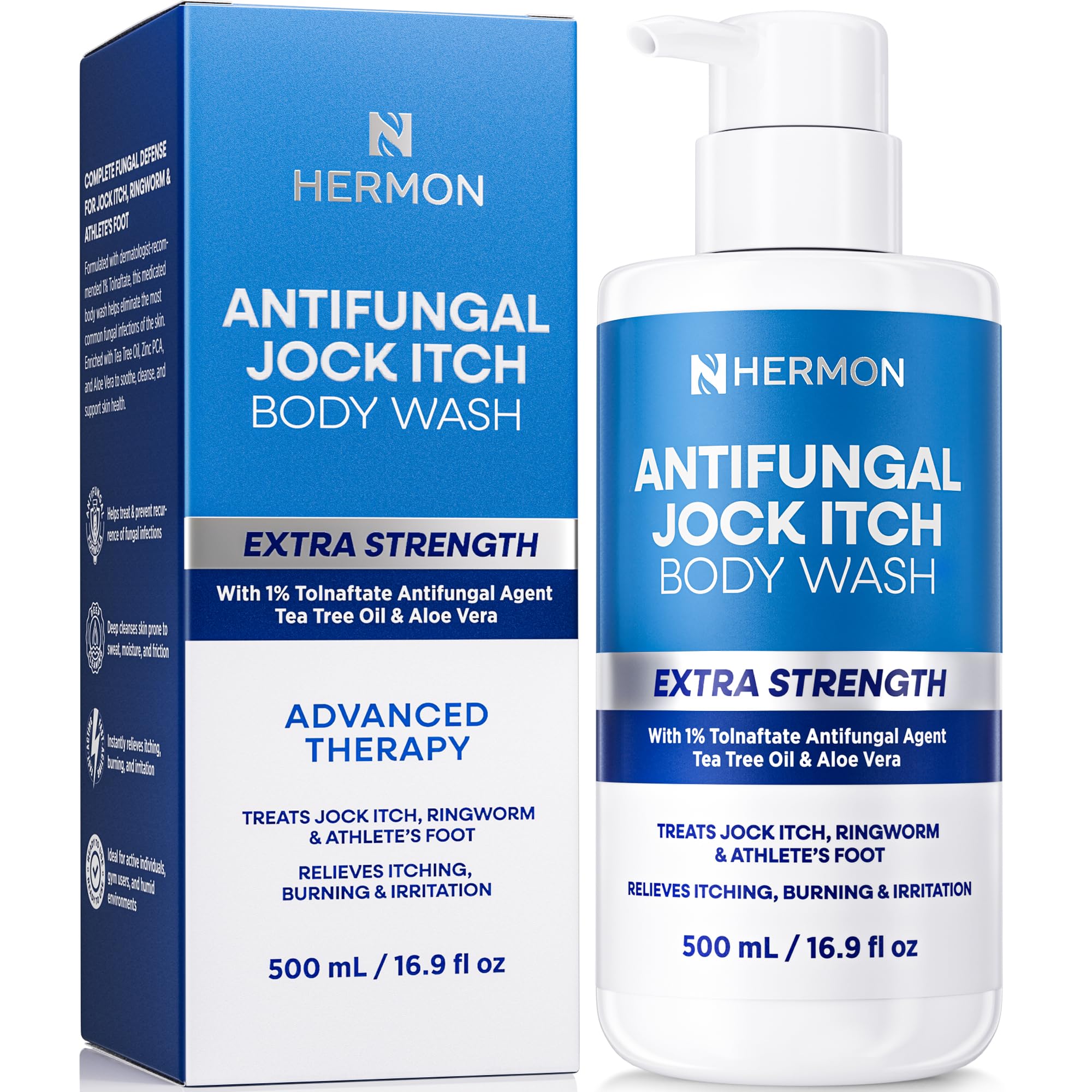 Hermon Antifungal Body Wash bottle being poured after a workout for quick refresh.