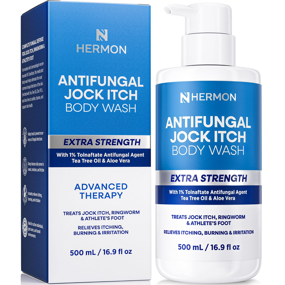 Hermon Antifungal Body Wash bottle being poured after a workout for quick refresh.