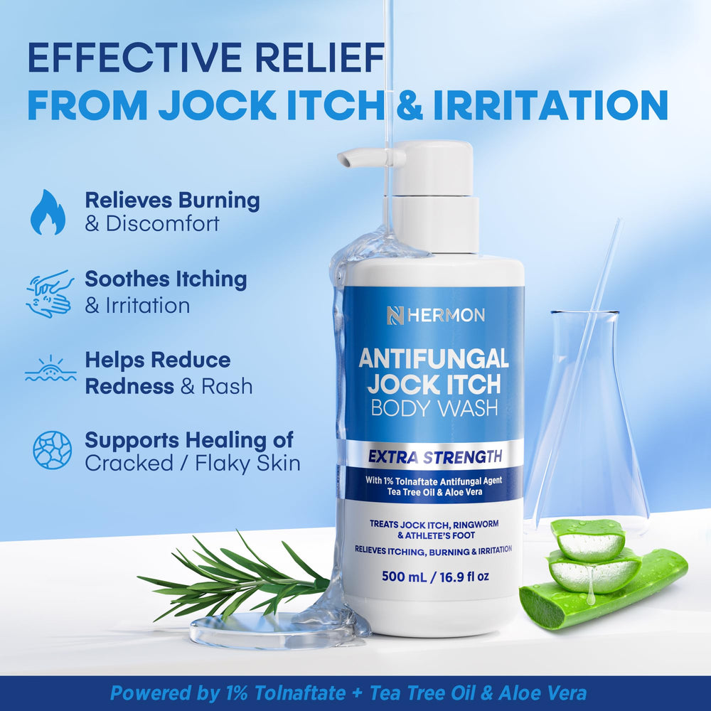 Hermon Antifungal Body Wash foam lathers on skin for soothing comfort with Tea Tree and Aloe.