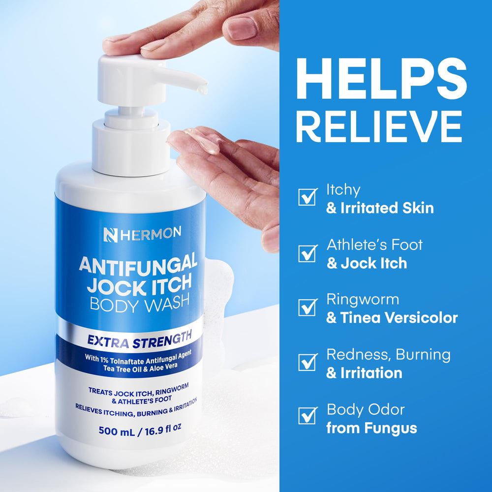 Hermon Antifungal Body Wash packaging highlights 1% Tolnaftate antifungal formula.