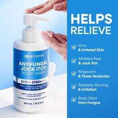 Hermon Antifungal Body Wash packaging highlights 1% Tolnaftate antifungal formula.
