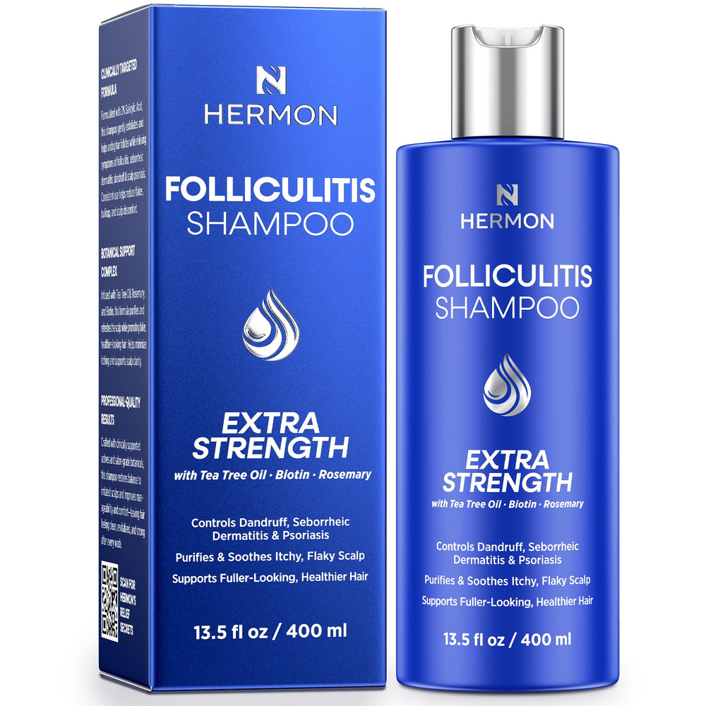 Hermon Folliculitis Shampoo bottle closeup for calm scalp care.