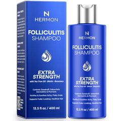 Hermon Folliculitis Shampoo bottle closeup for calm scalp care.