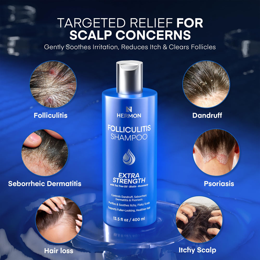 Hermon Folliculitis Shampoo label closeup highlighting active ingredients.