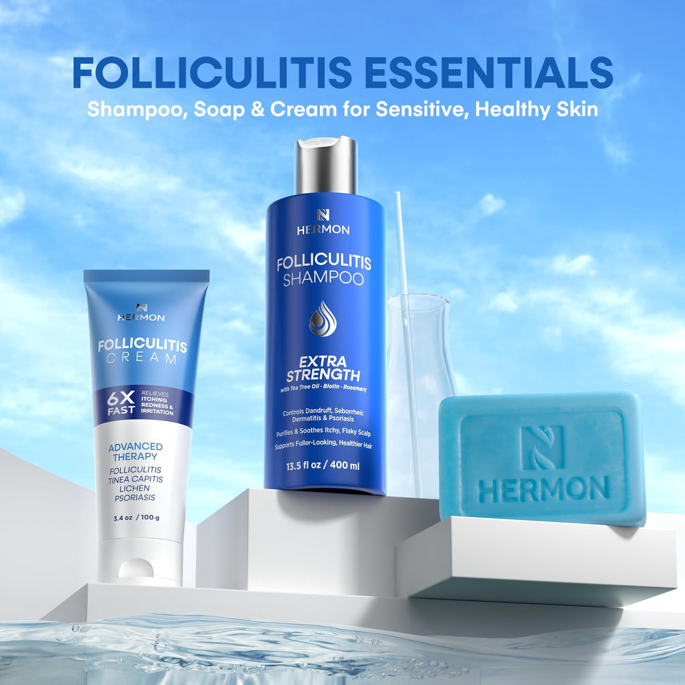 Hermon Folliculitis Shampoo packaging box on display for weekly care.