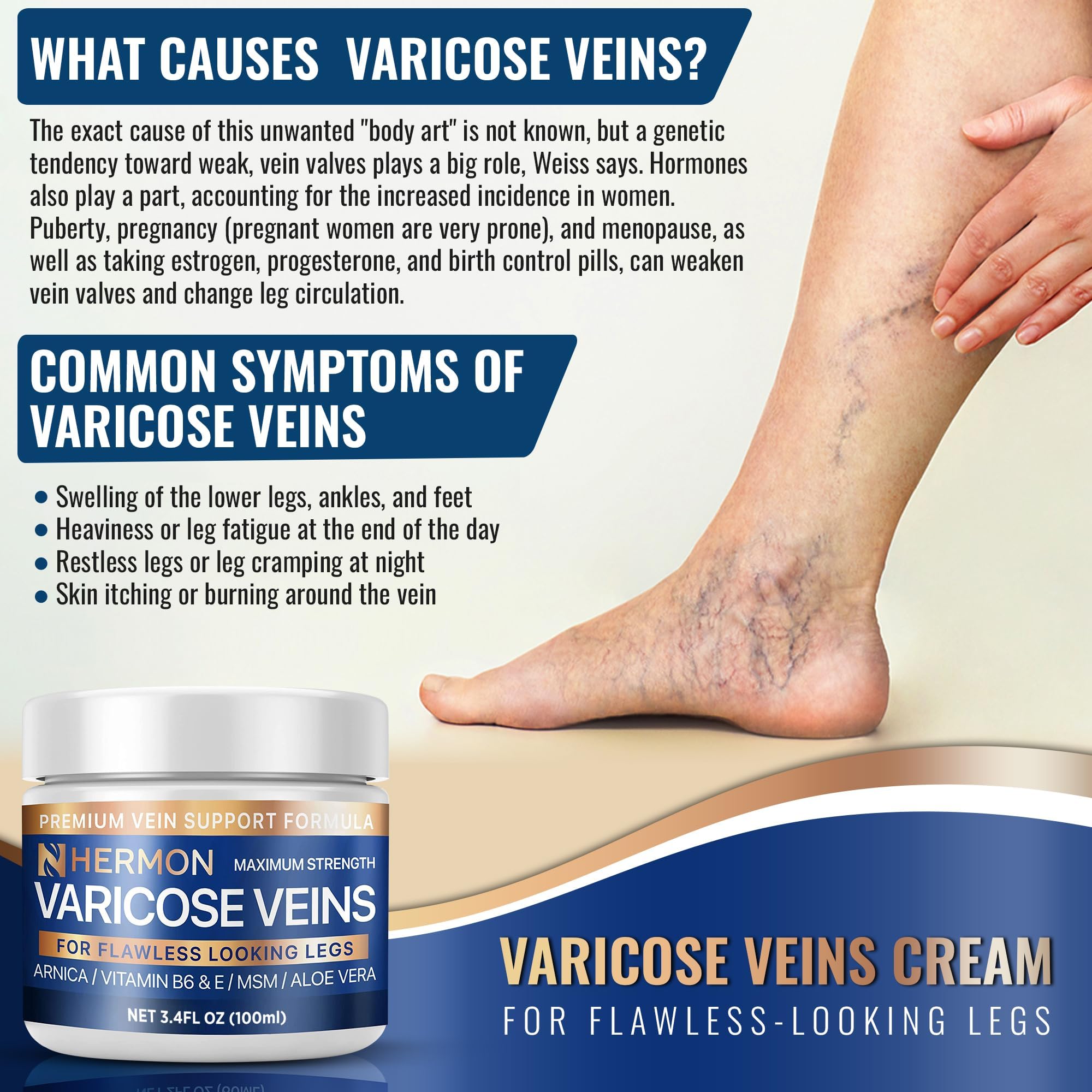 Hermon varicose cream before bed use for nightly leg support