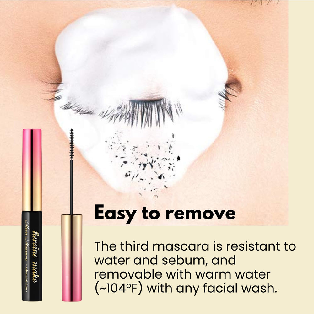 Heroine Make KissMe Mini Mascara removible con agua tibia para ojos sensibles.