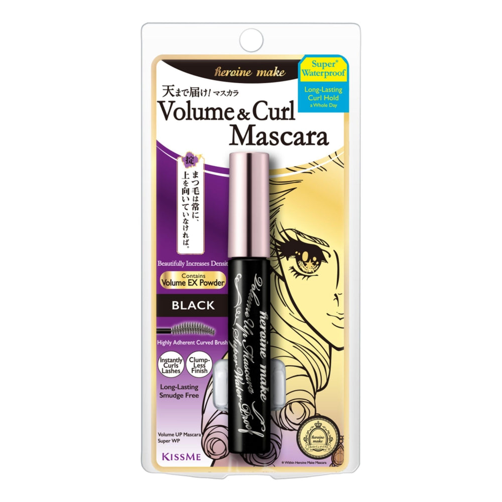 Heroine Make Mascara envase negro curvo para un volumen visible.