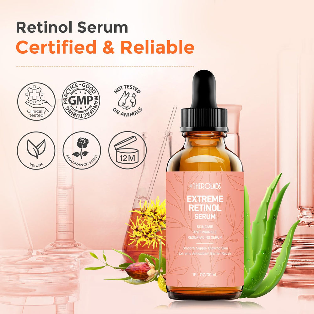 Hidratación suave con hialuronato de sodio y vitaminas en Herolabs Retinol Serum nocturno