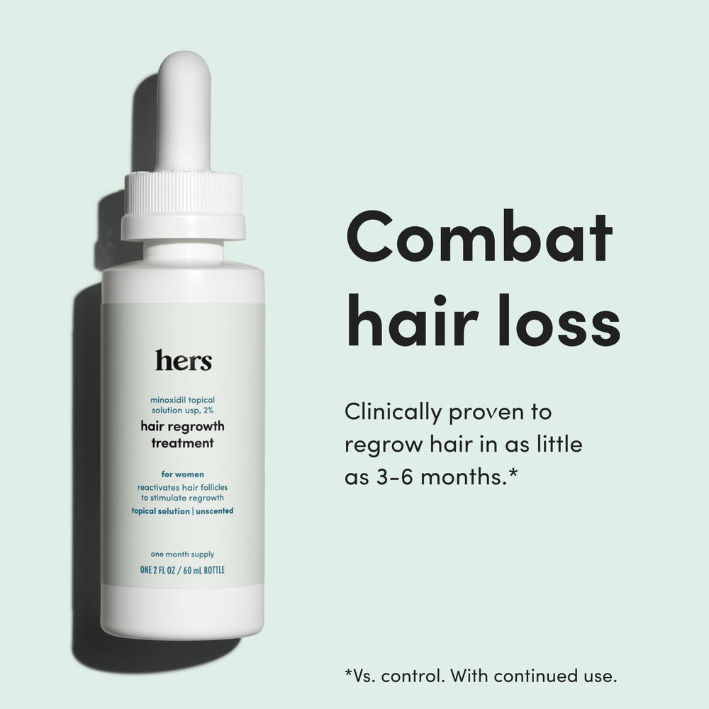 hers Hair Regrowth pump close-up showing easy scalp application