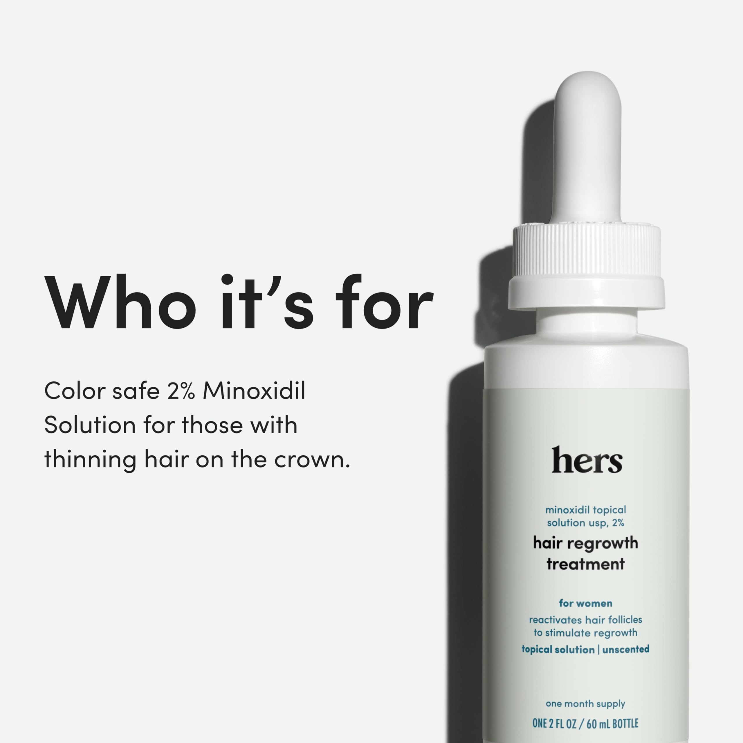 hers Hair Regrowth unscented label indicates fragrance-free topical solution