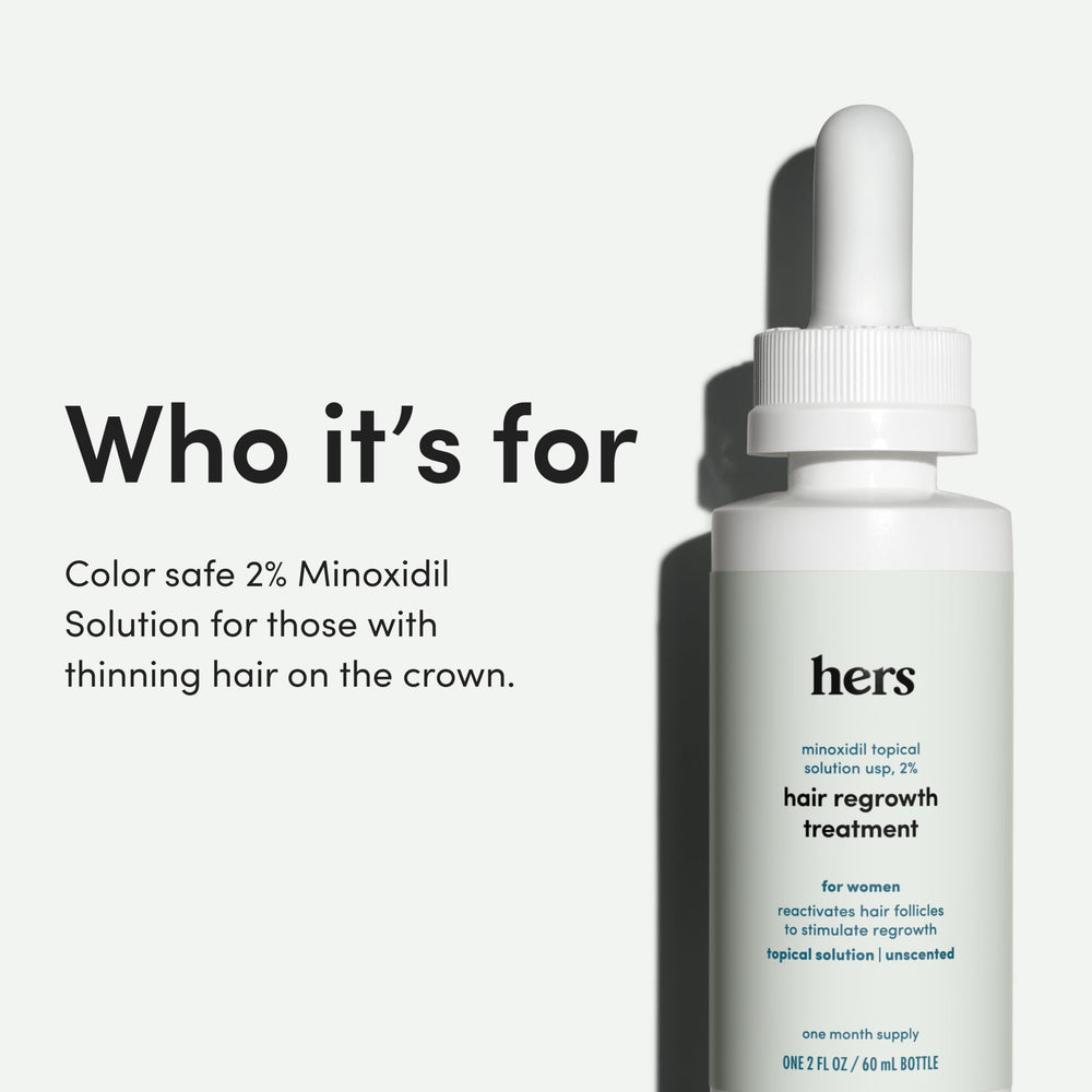 hers Hair Regrowth unscented label indicates fragrance-free topical solution