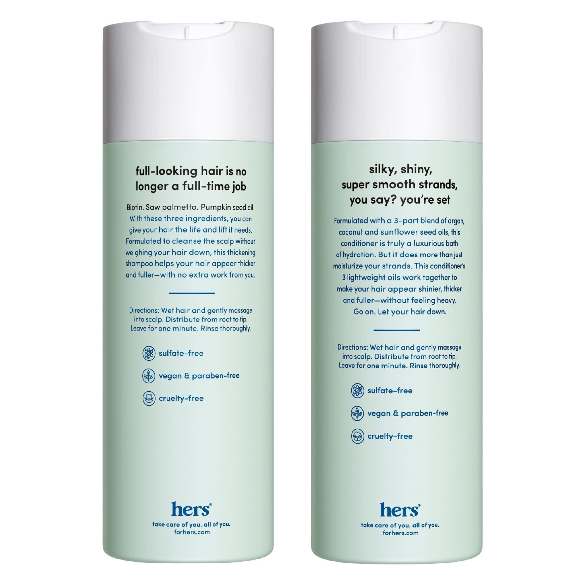 Hers Triple Threat Conditioner bottle emphasizes hydrating, lightweight formula for smoother strands.