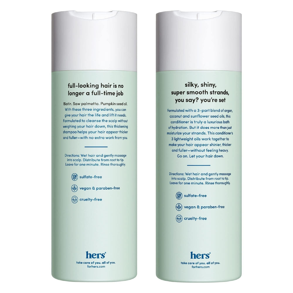 Hers Triple Threat Conditioner bottle emphasizes hydrating, lightweight formula for smoother strands.