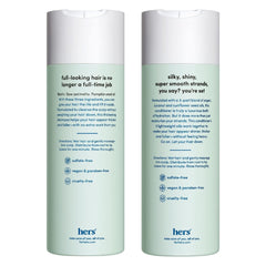 Hers Triple Threat Conditioner bottle emphasizes hydrating, lightweight formula for smoother strands.