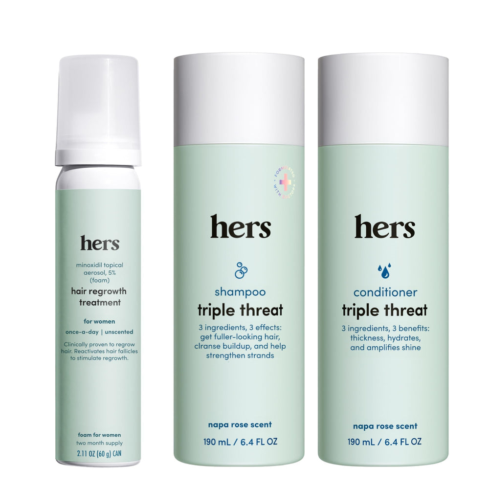 hers Triple Threat Set front packaging shows a vegan, paraben-free routine for fuller-looking hair