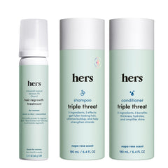 hers Triple Threat Set front packaging shows a vegan, paraben-free routine for fuller-looking hair