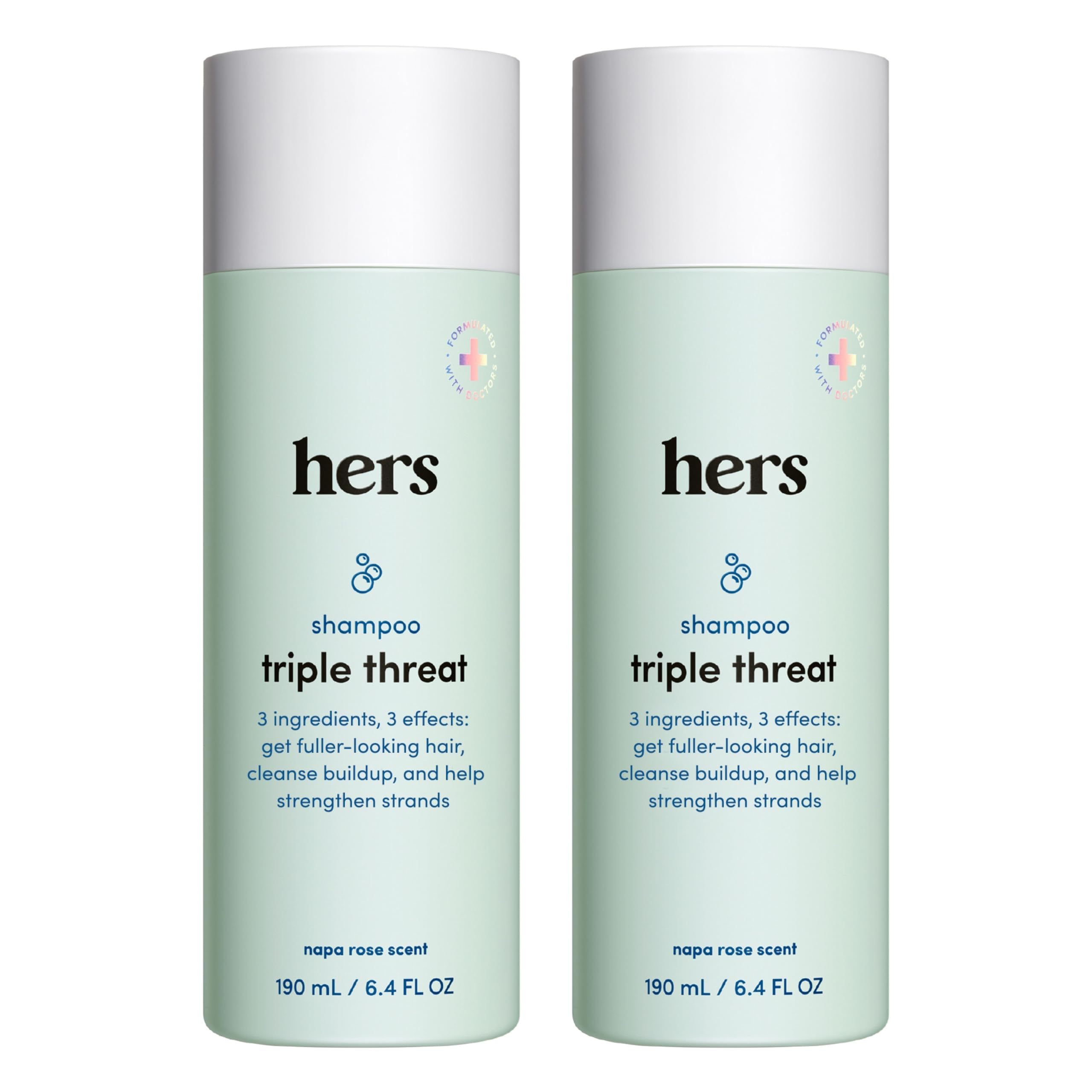 Hims & Hers Hers Triple Threat Shampoo bottle for daily thickening and hydration.