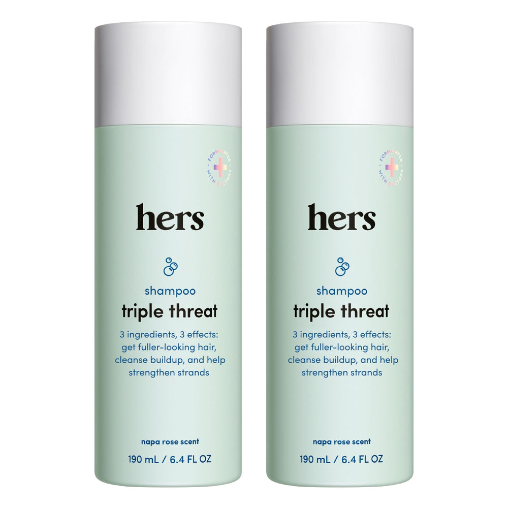 Hims & Hers Hers Triple Threat Shampoo bottle for daily thickening and hydration.