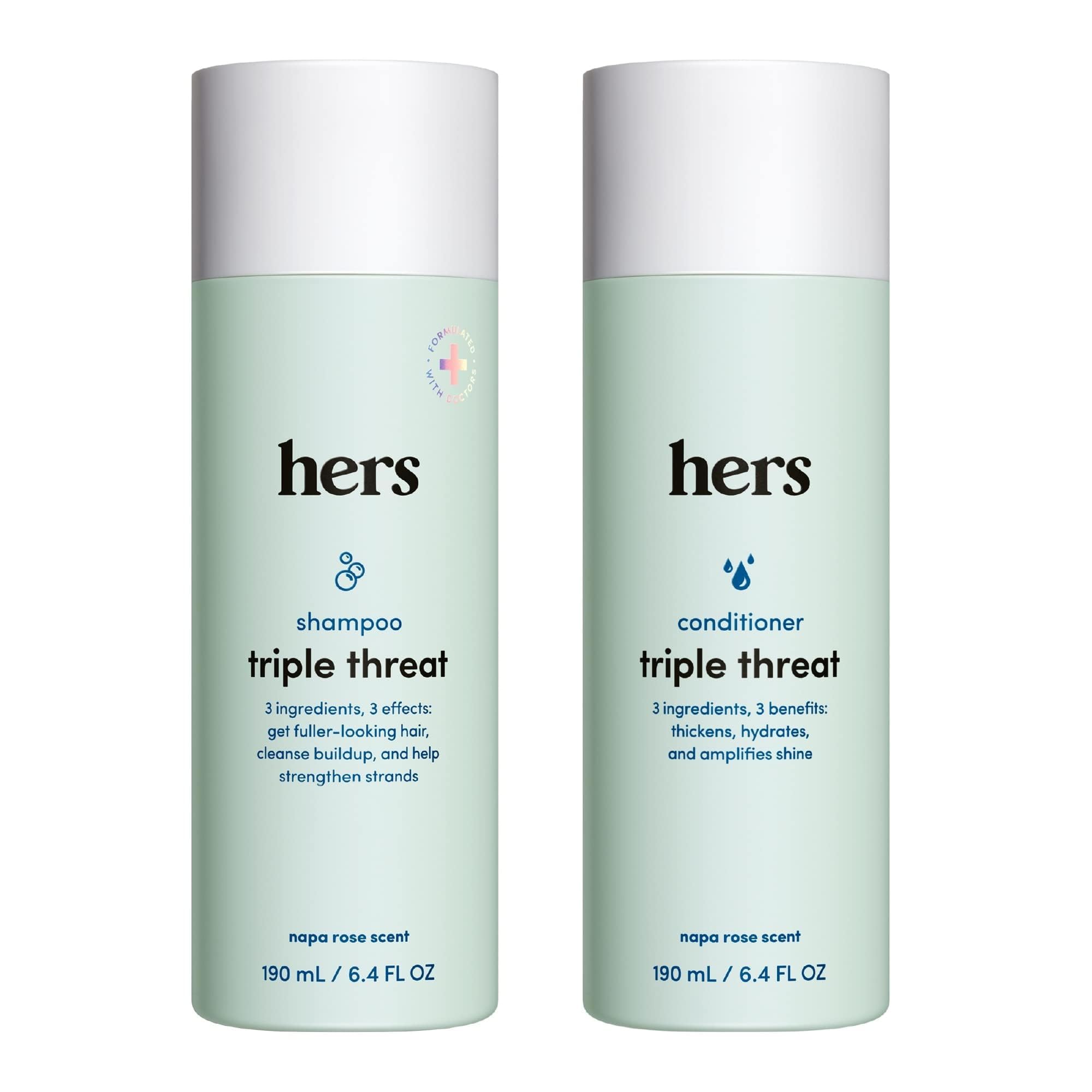Hers Triple Threat Shampoo bottle showing color-safe formula for daily cleansing.