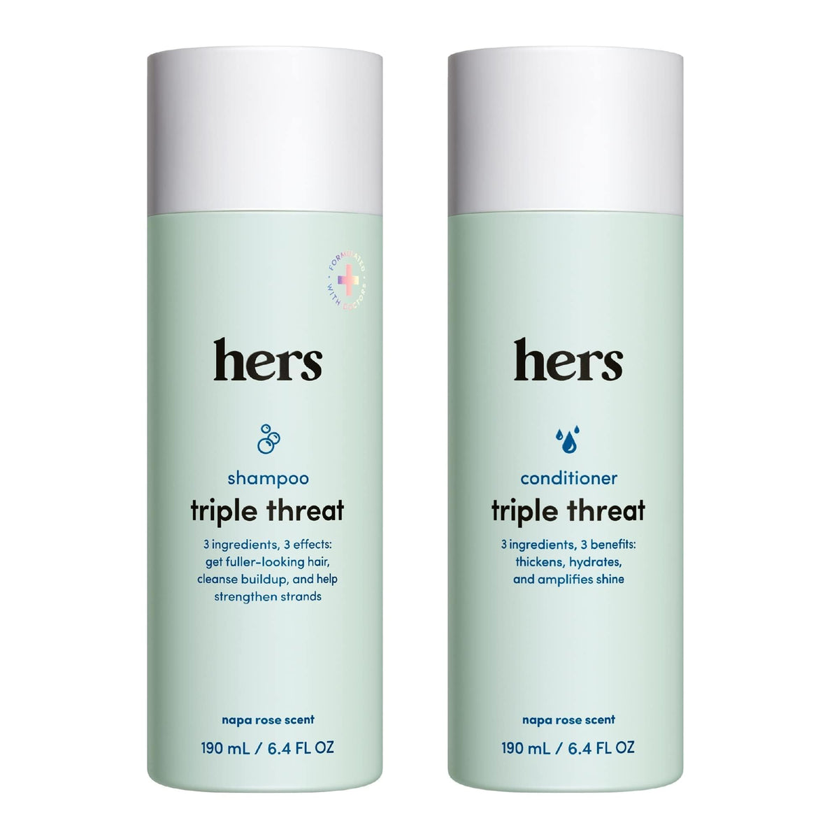 Hers Triple Threat Shampoo bottle showing color-safe formula for daily cleansing.