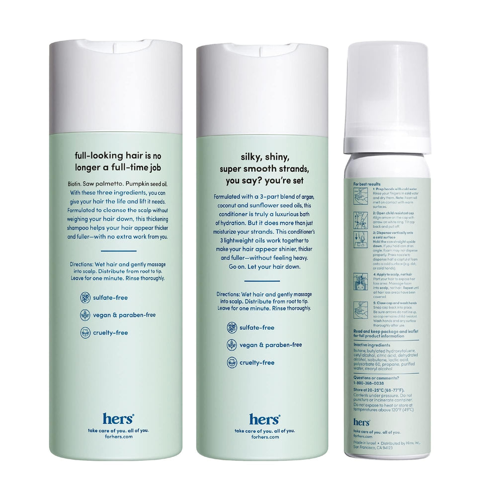 hers Triple Threat Shampoo bottle emphasizes cleansing for thicker, healthier-looking hair