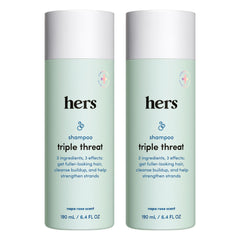 Hims & Hers Hers Triple Threat Shampoo bottle for daily thickening and hydration.