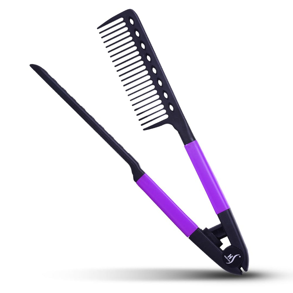 HerStyler straightening comb in purple packaging showing universal fit for flat irons