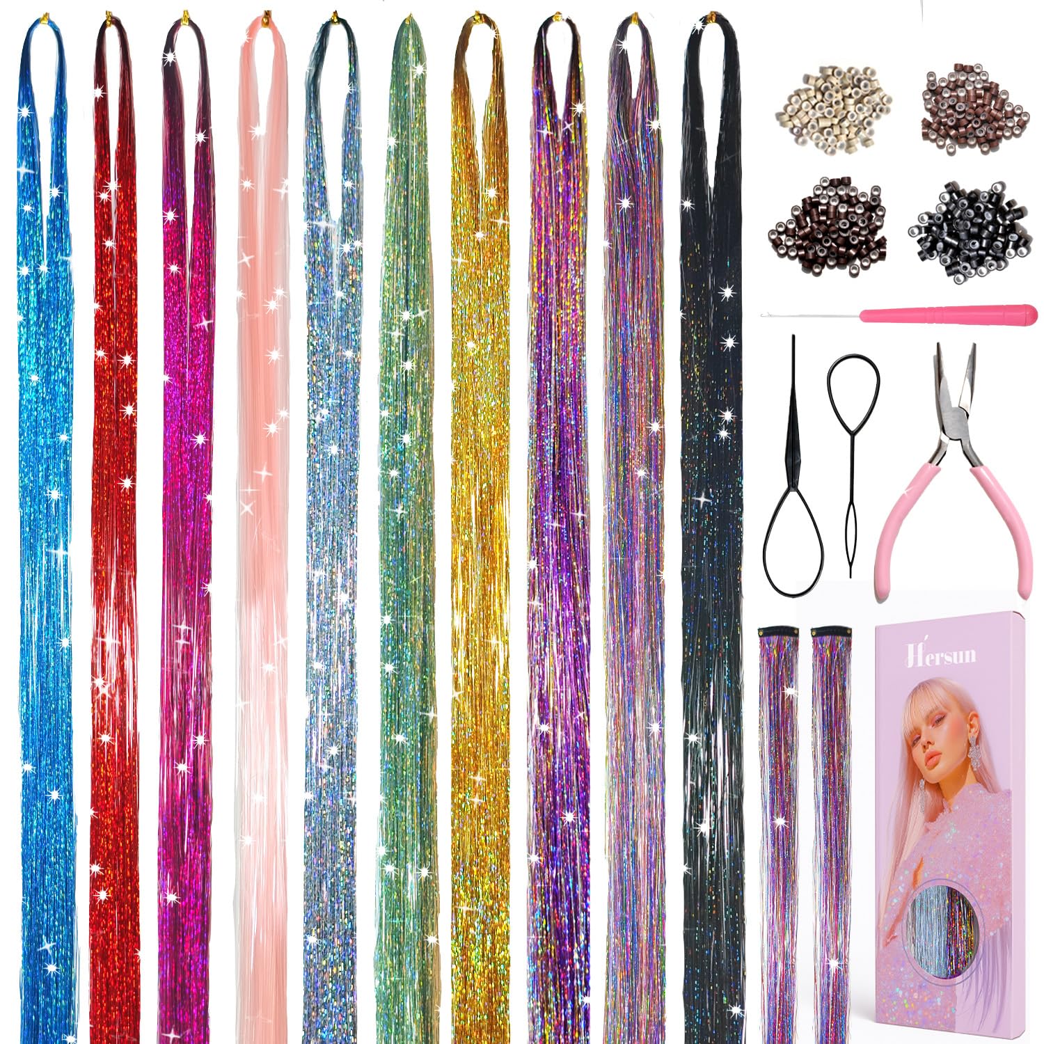 Hersun hair tinsel kit color palette showing vibrant options for creative hairstyles