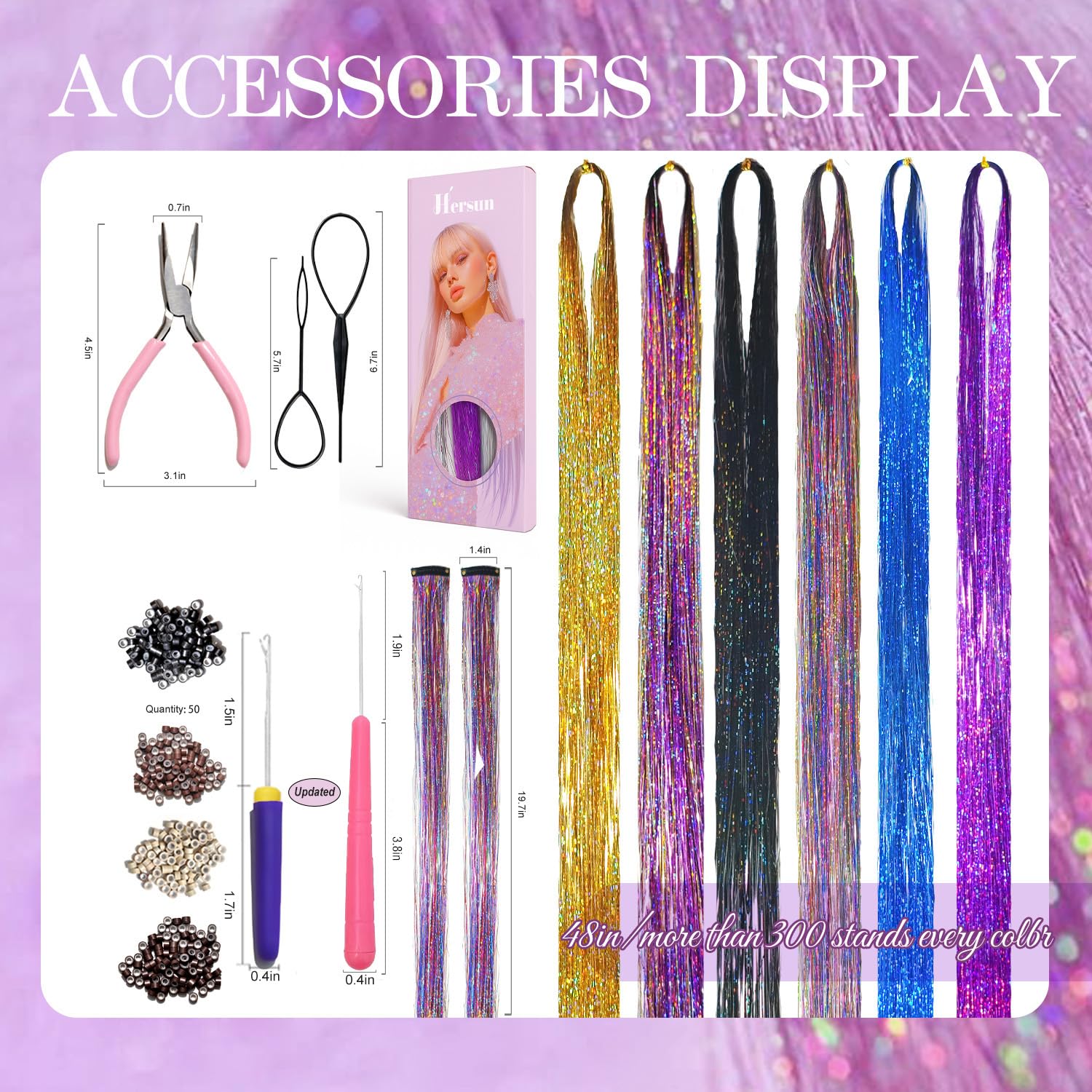 Hersun tinsel tools set includes crochet hook and plier for secure application