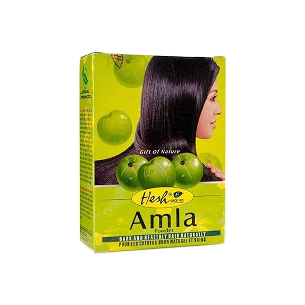 Polvo de Amla de Hesh Pharma, bote cerrado, presentación limpia para el cuidado capilar.