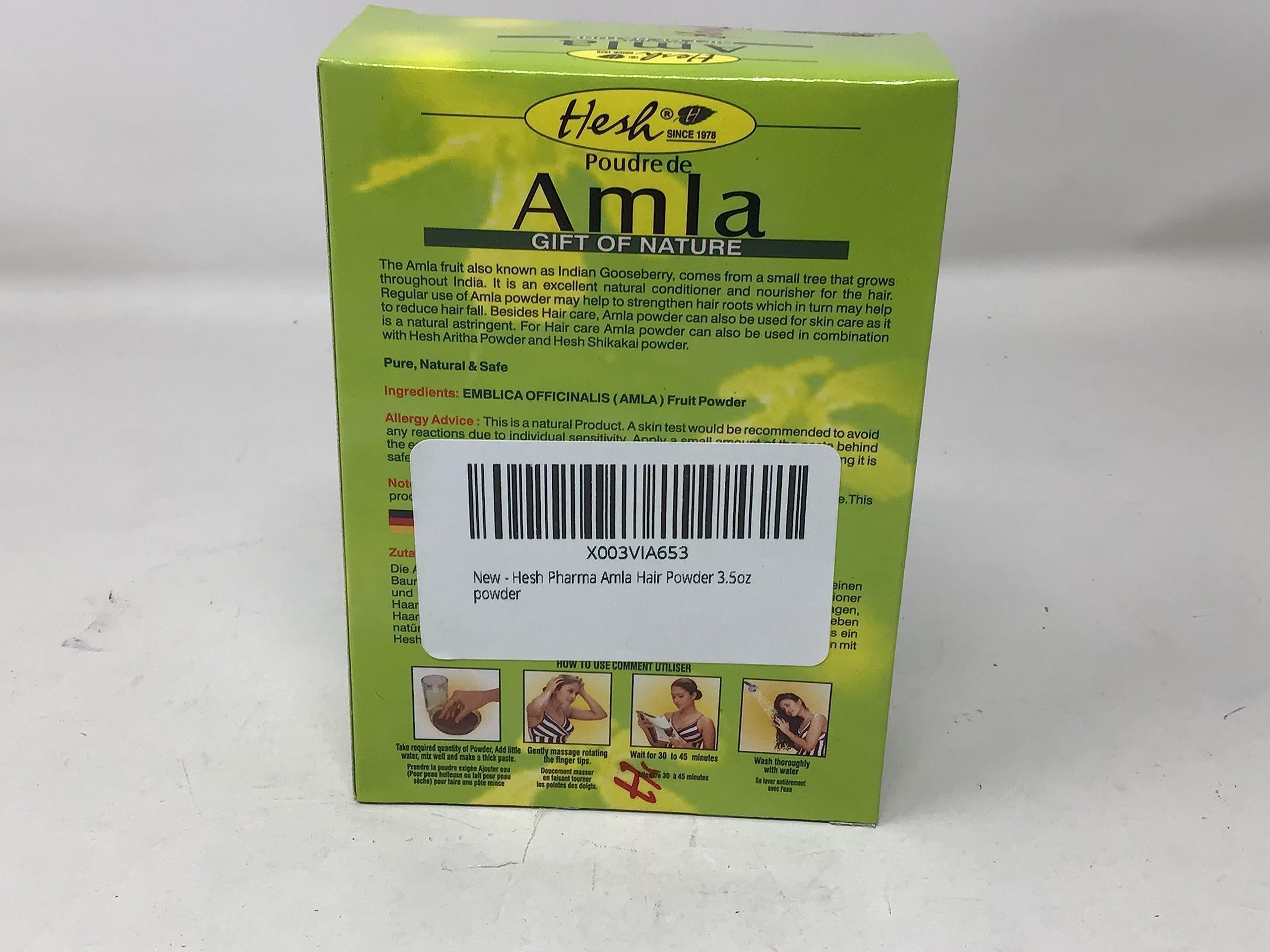 Polvo de Amla de Hesh Pharma, cabello más oscuro y saludable.