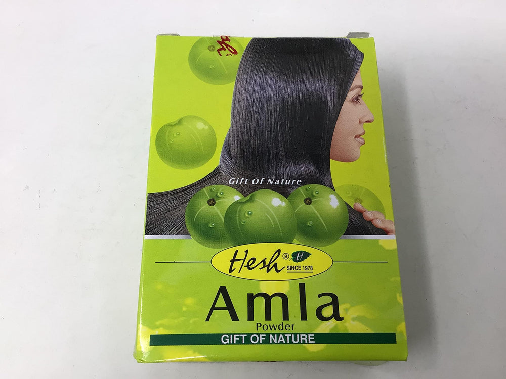 Polvo de Amla de Hesh Pharma, etiqueta frontal, producto natural para cabello oscuro.