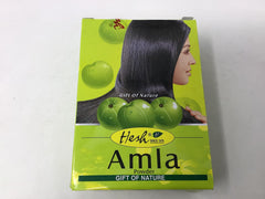 Polvo de Amla de Hesh Pharma, etiqueta frontal, producto natural para cabello oscuro.