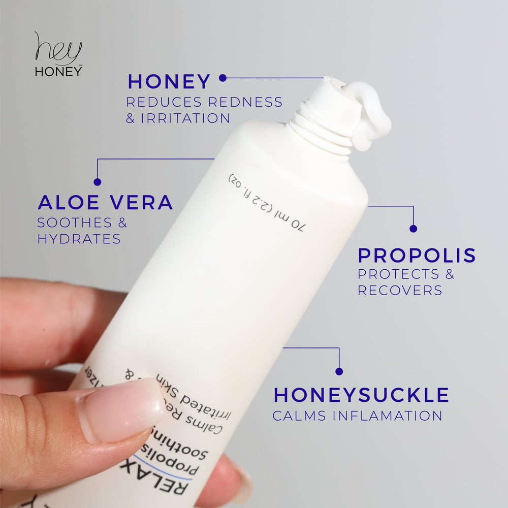 Hey Honey Relax Aloe-infused formula shows soothing hydration for irritated skin.