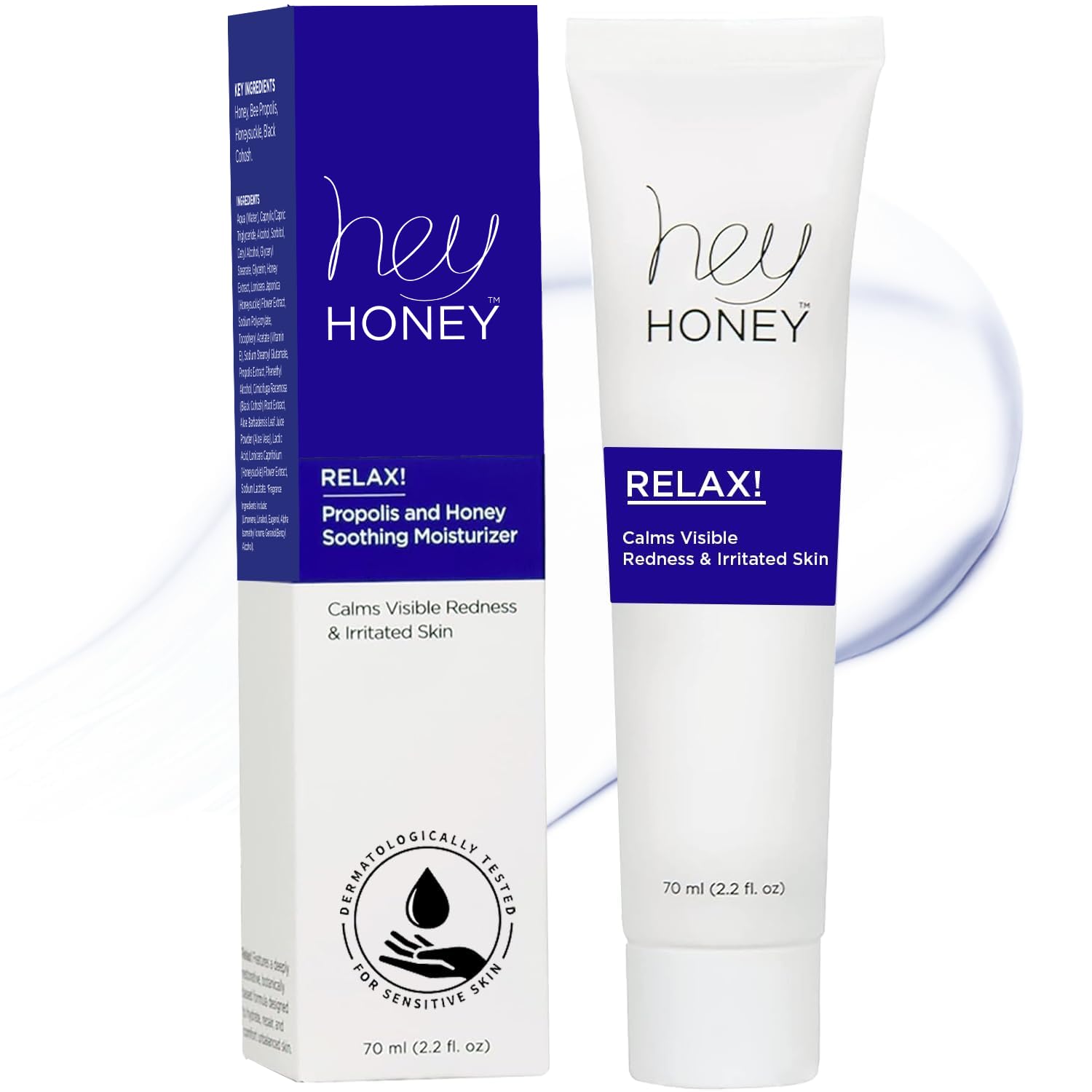 Hey Honey Relax bottle front view showing oil-free rosacea relief for sensitive skin.