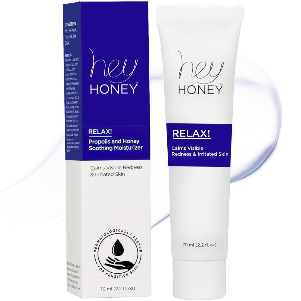 Hey Honey Relax bottle front view showing oil-free rosacea relief for sensitive skin.