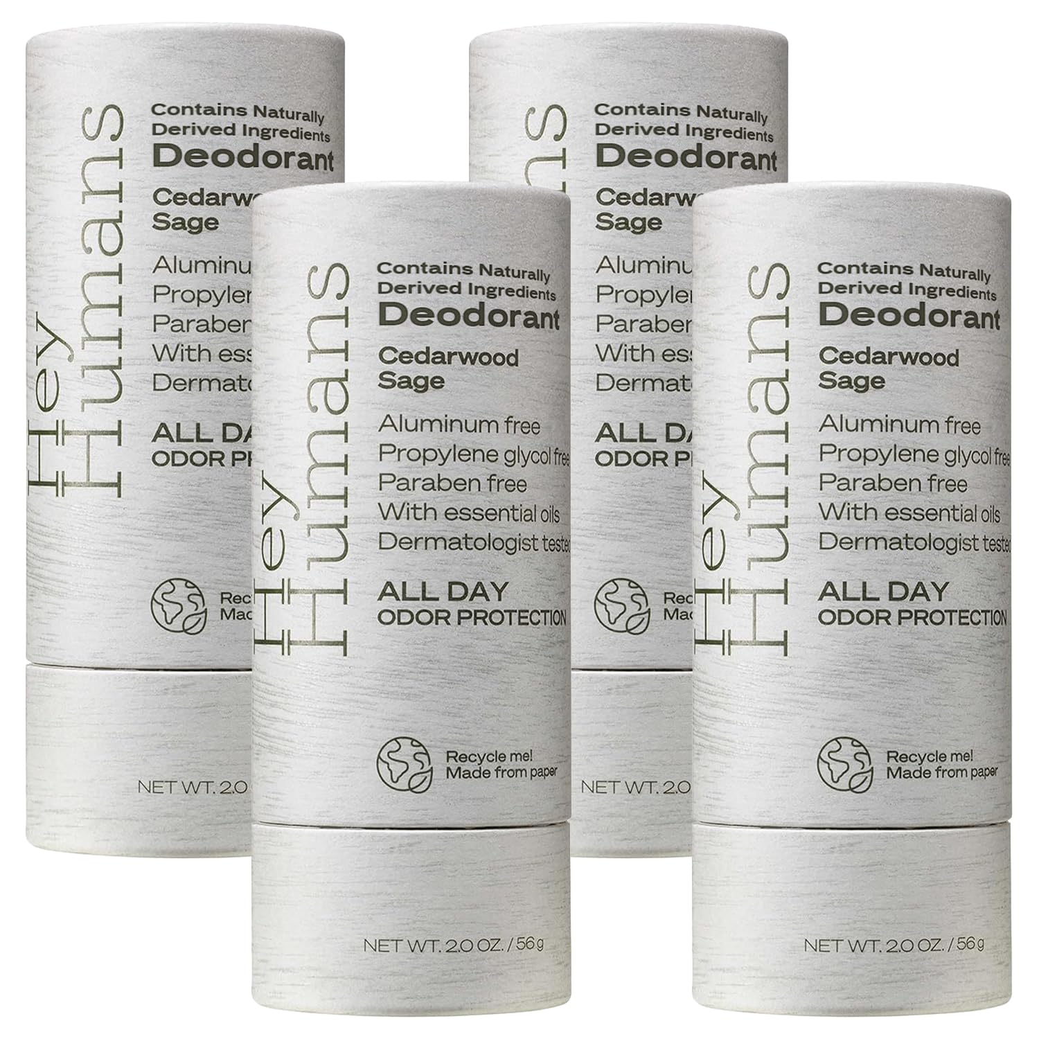 HEY HUMANS cedarwood sage deodorant packaging highlights eco-friendly paper carton