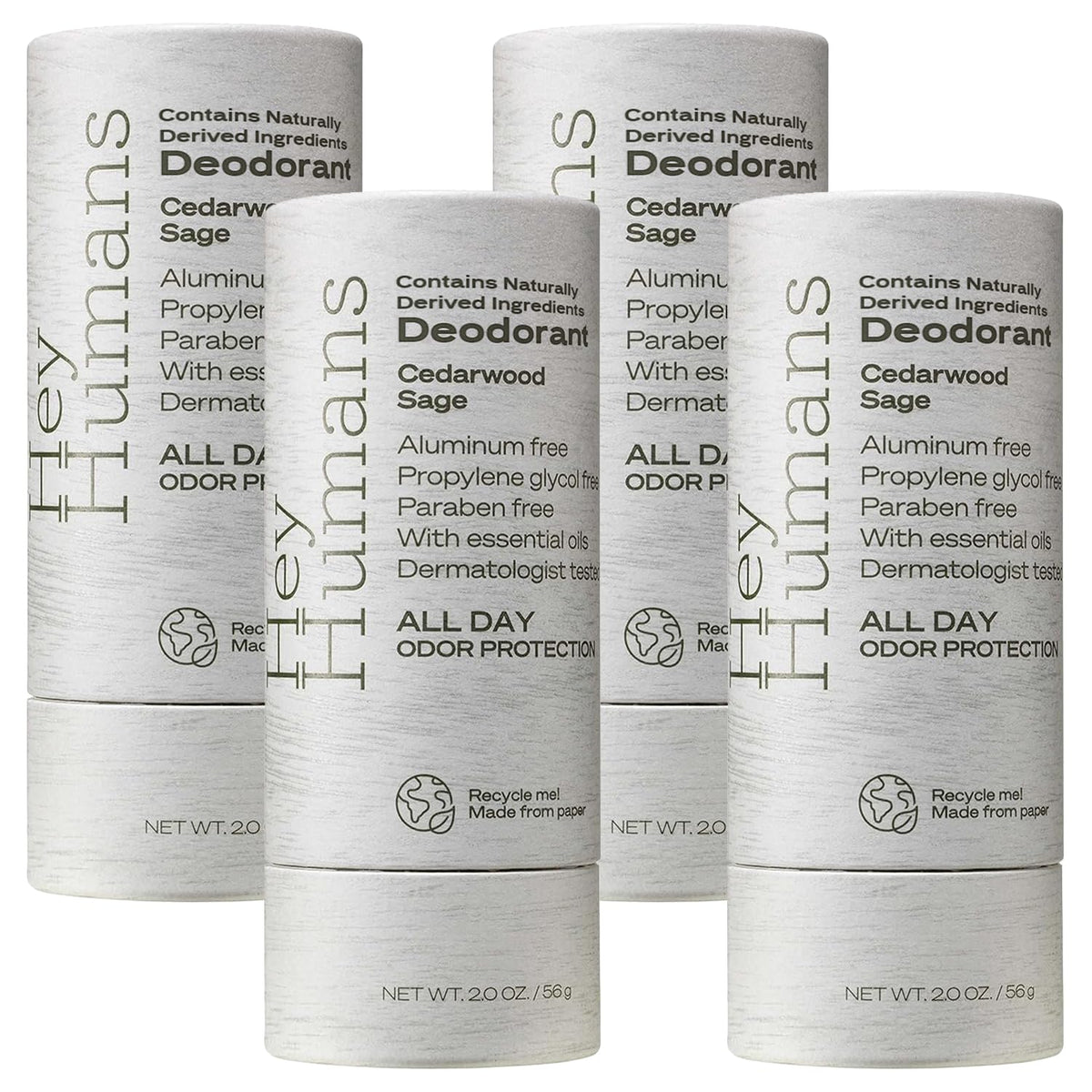 HEY HUMANS cedarwood sage deodorant packaging highlights eco-friendly paper carton