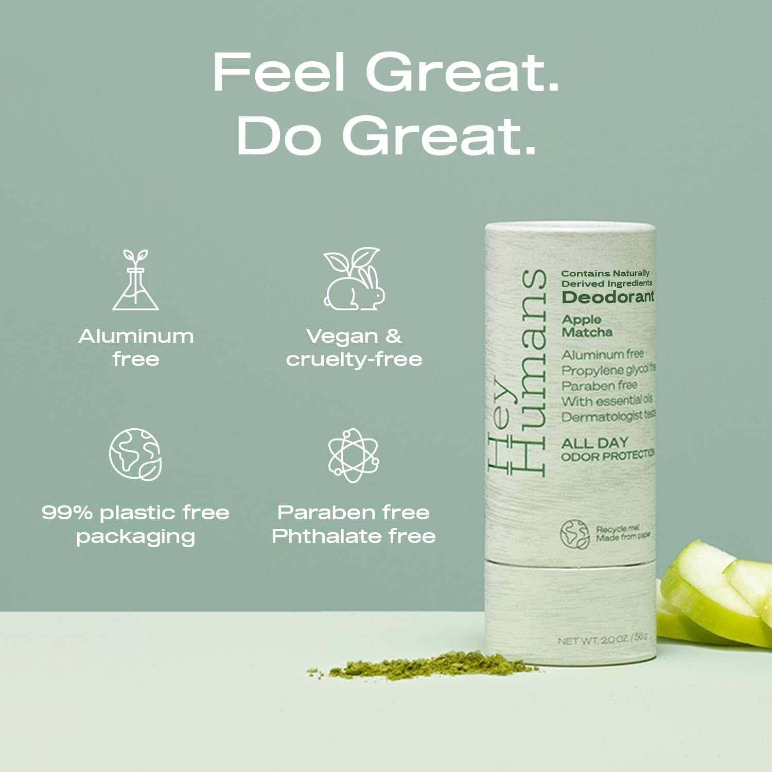 Hey Humans Apple Matcha packaging shows recyclable materials and clean ingredients.
