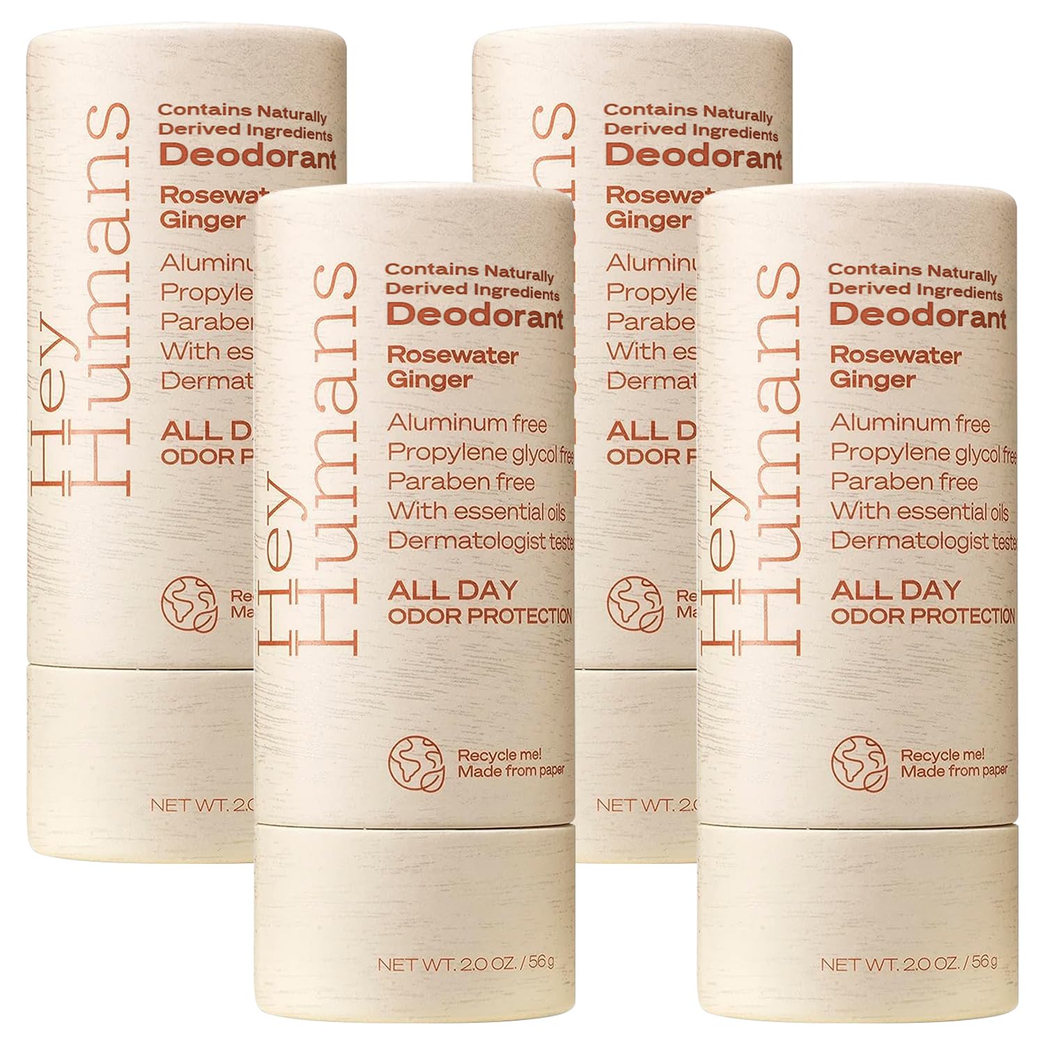Hey Humans deodorant rosewater ginger packaging highlights sustainable paper packaging.