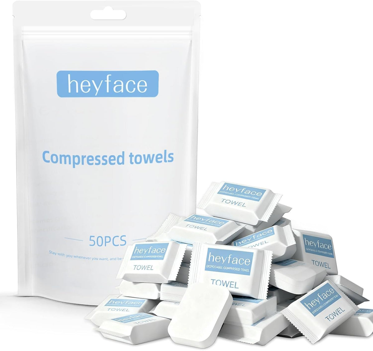 Heyface compressed towel tablets ready for travel and quick cleansing