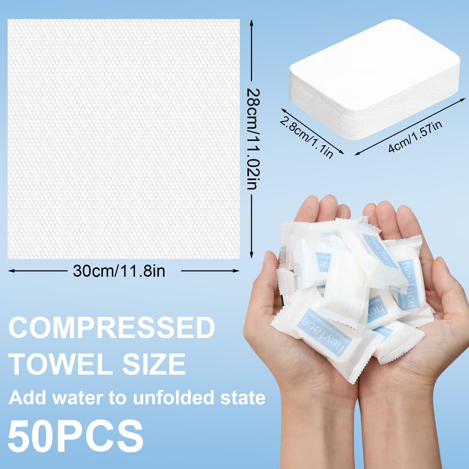 Heyface towel expands in about 3 seconds for instant use