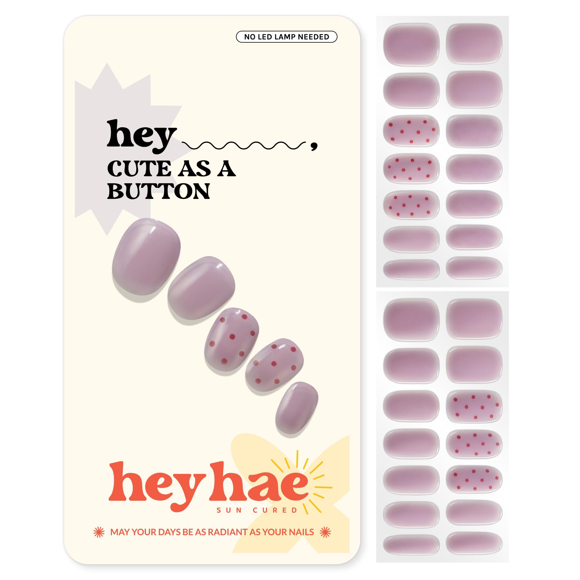 Heyhae semi-cured nail strips in dusty mauve with red polka dots for quick style.