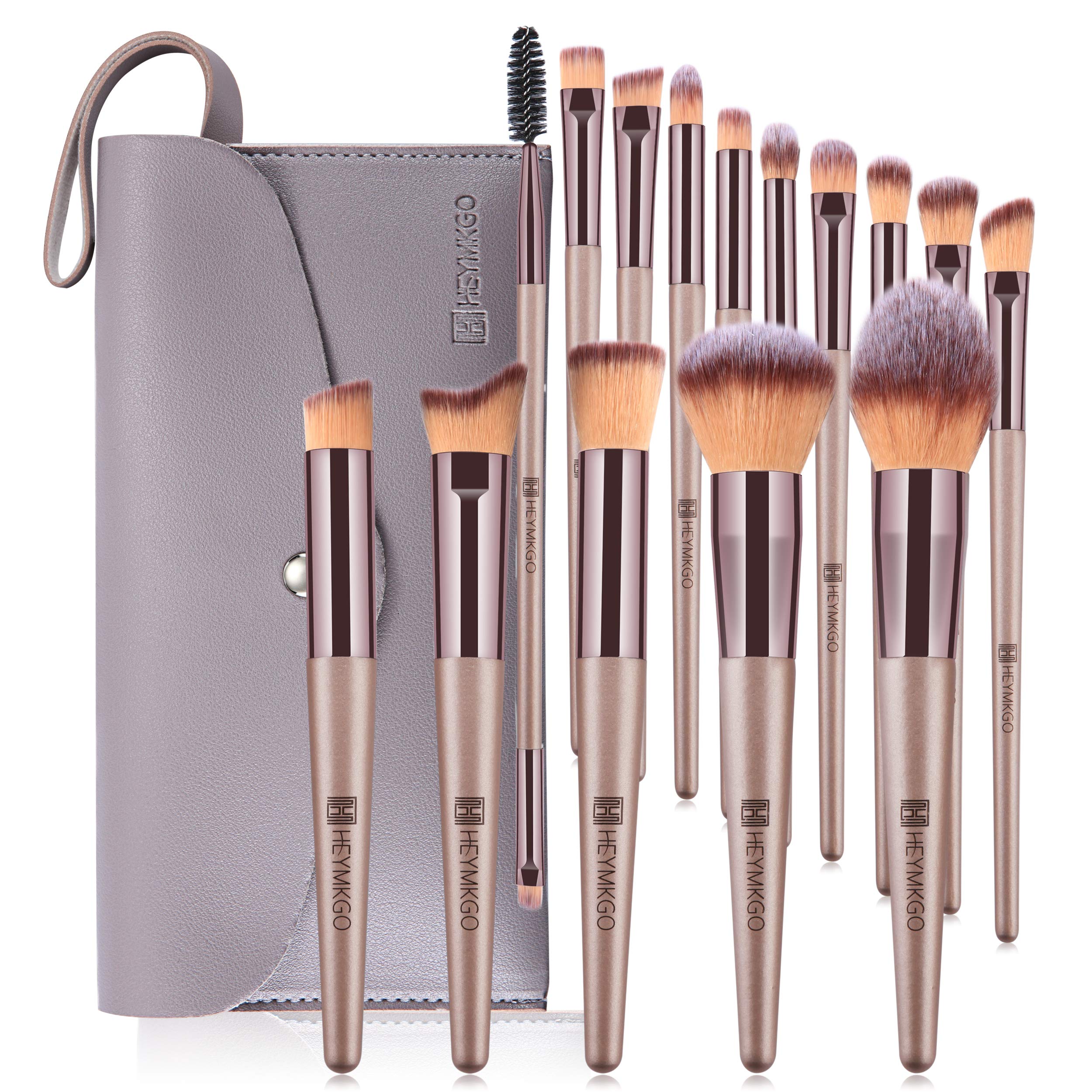 HEYMKGO 15-piece brush set with champagne gold handles for precise, seamless makeup.