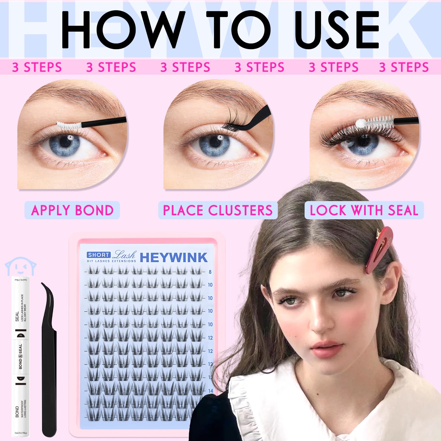 HEYWINK Freya Short Kit 8-14mm gradient lashes create subtle cat-eye drama.