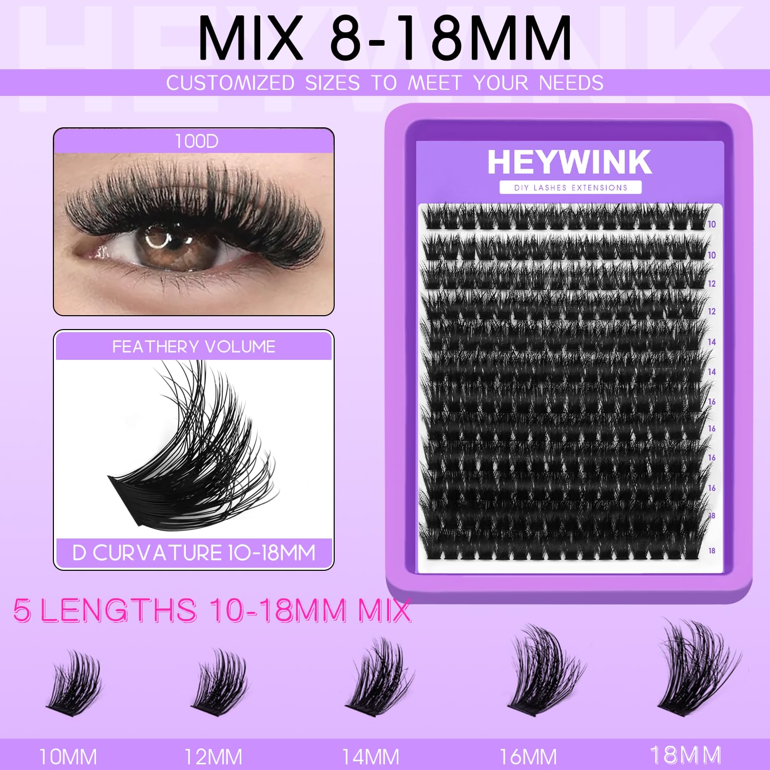 HEYWINK lash clusters with mixed 10-18mm lengths for customizable thickness and wispy looks