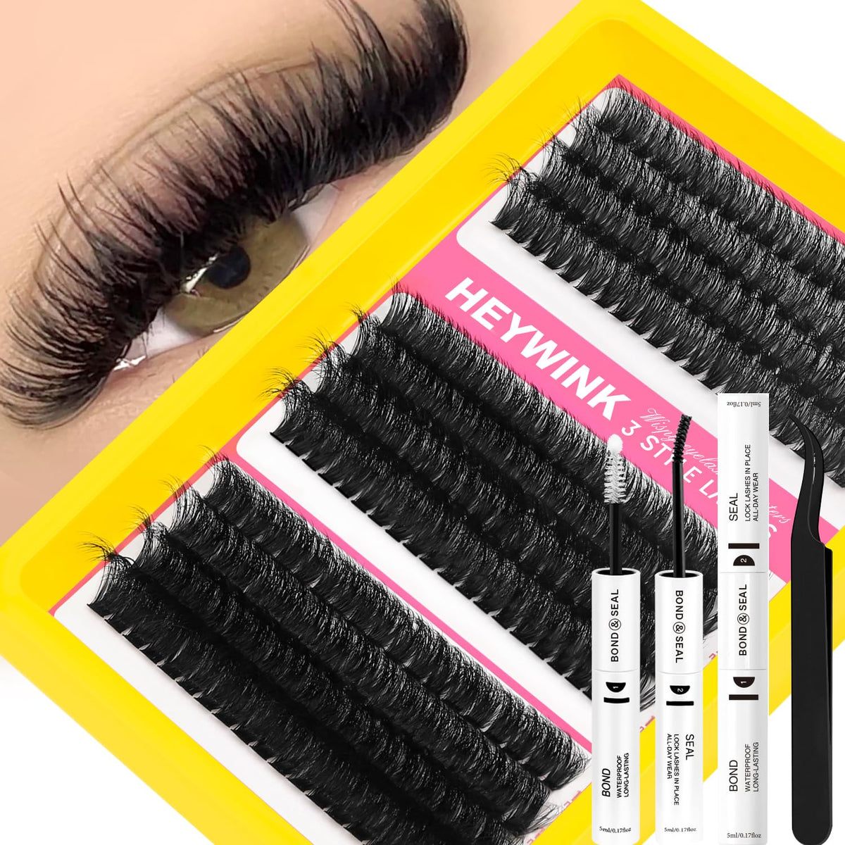 HEYWINK lash clusters kit 60D-80D-100D delivers bold volume with strong bond for long wear.